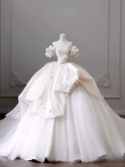 Verträumtes Ballkleid aus der Schulter Satin mit kurzen Ärmeln weiß lange Blumen Brautkleid Fee formale Brautkleider AU082