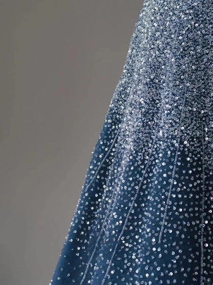 Charming Ball Gown Strapless Navy Blue With Silver Beads Tulle Sleeveless Prom Dresses Long Prom Gowns AU082