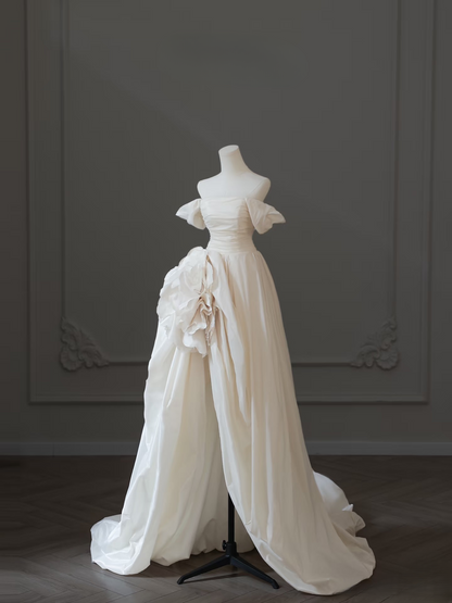 Simple High Low Off The Shoulder White Satin Long Wedding Dress Fairy Formal Wedding Dresses AU083