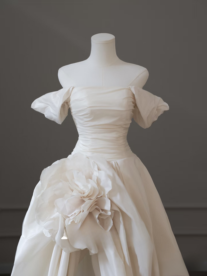 Simple High Low Off The Shoulder White Satin Long Wedding Dress Fairy Formal Wedding Dresses AU083