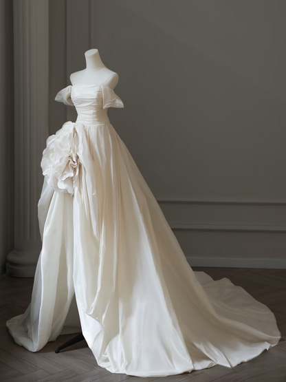 Simple High Low Off The Shoulder White Satin Long Wedding Dress Fairy Formal Wedding Dresses AU083