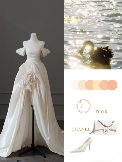 Simple High Low Off The Shoulder White Satin Long Wedding Dress Fairy Formal Wedding Dresses AU083