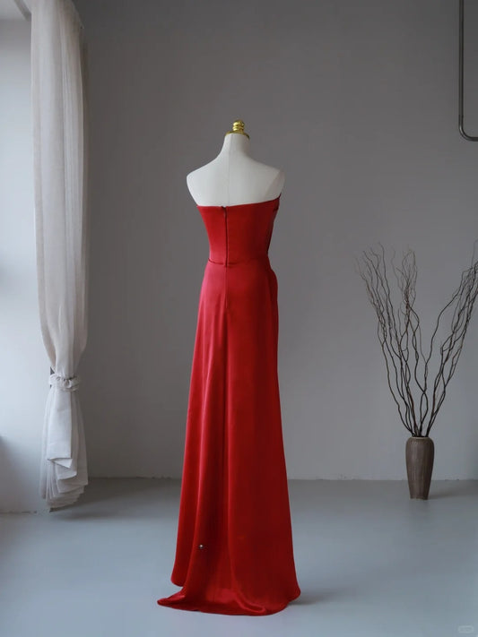 Charming Mermaid Strapless Red Satin Long Prom Dresses Pleated Prom Gowns AU083