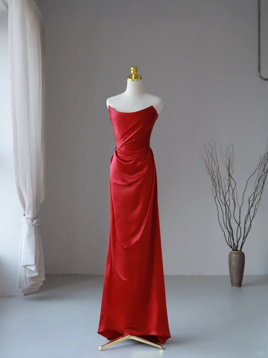 Charming Mermaid Strapless Red Satin Long Prom Dresses Pleated Prom Gowns AU083