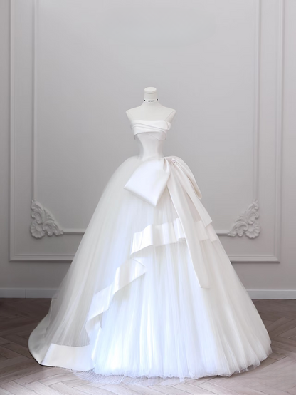 Dreamy Ball Gown Strapless Satin Tulle With Bow-knot White Long Wedding Dress Fairy Formal Wedding Dresses AU084
