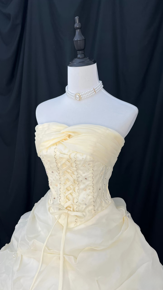 Vintage Ball Gown Strapless Yellow Tulle Prom Dresses Inspiration Formal Dress Party Outfits Prom Gown Ideas AU084