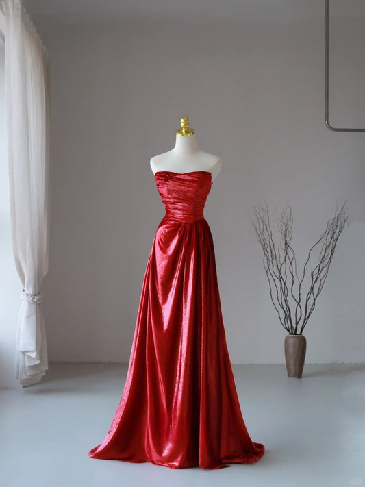 Charming A line Strapless Red Sequins Sleeveless Long Prom Dresses Pleated Prom Gowns AU084