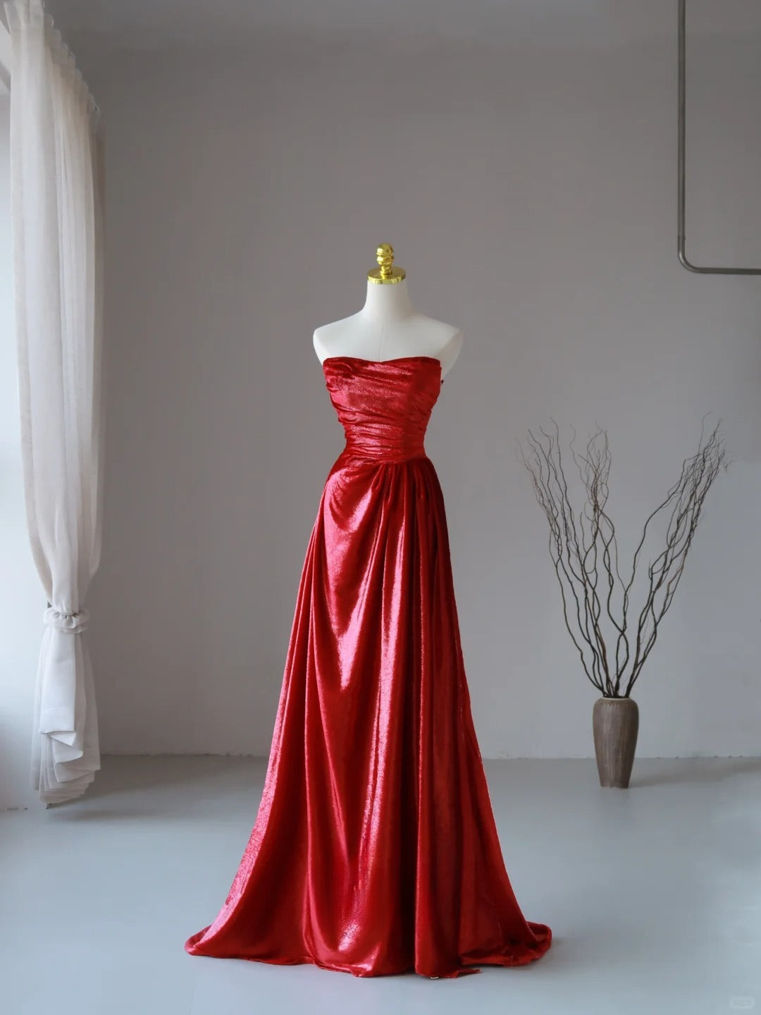 Robe de bal longue rouge à sequins, sans manches, bustier, coupe trapèze, plissée, AU084