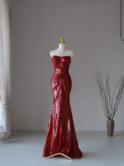 Charming Mermaid Halter Wine Red Sequins Sleeveless Long Prom Dresses Pleated Prom Gowns AU085