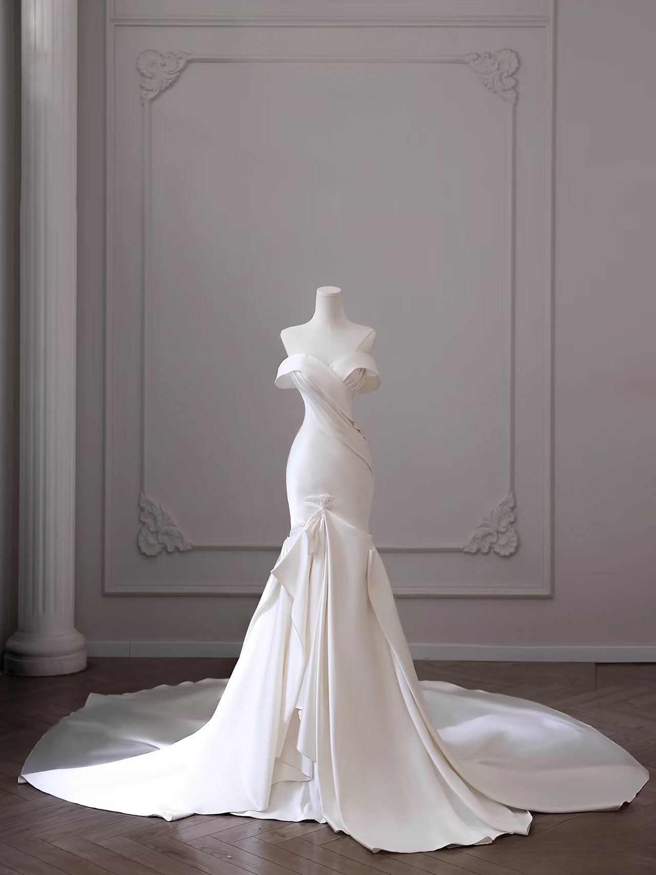 Robe de mariée sirène classique à épaules dénudées en satin blanc, manches courtes, longue, robes de mariée formelles féeriques AU087