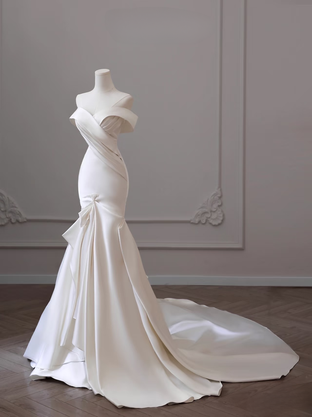 Robe de mariée sirène classique à épaules dénudées en satin blanc, manches courtes, longue, robes de mariée formelles féeriques AU087