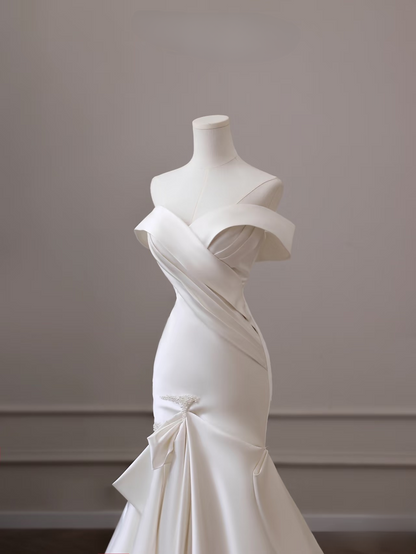 Robe de mariée sirène classique à épaules dénudées en satin blanc, manches courtes, longue, robes de mariée formelles féeriques AU087