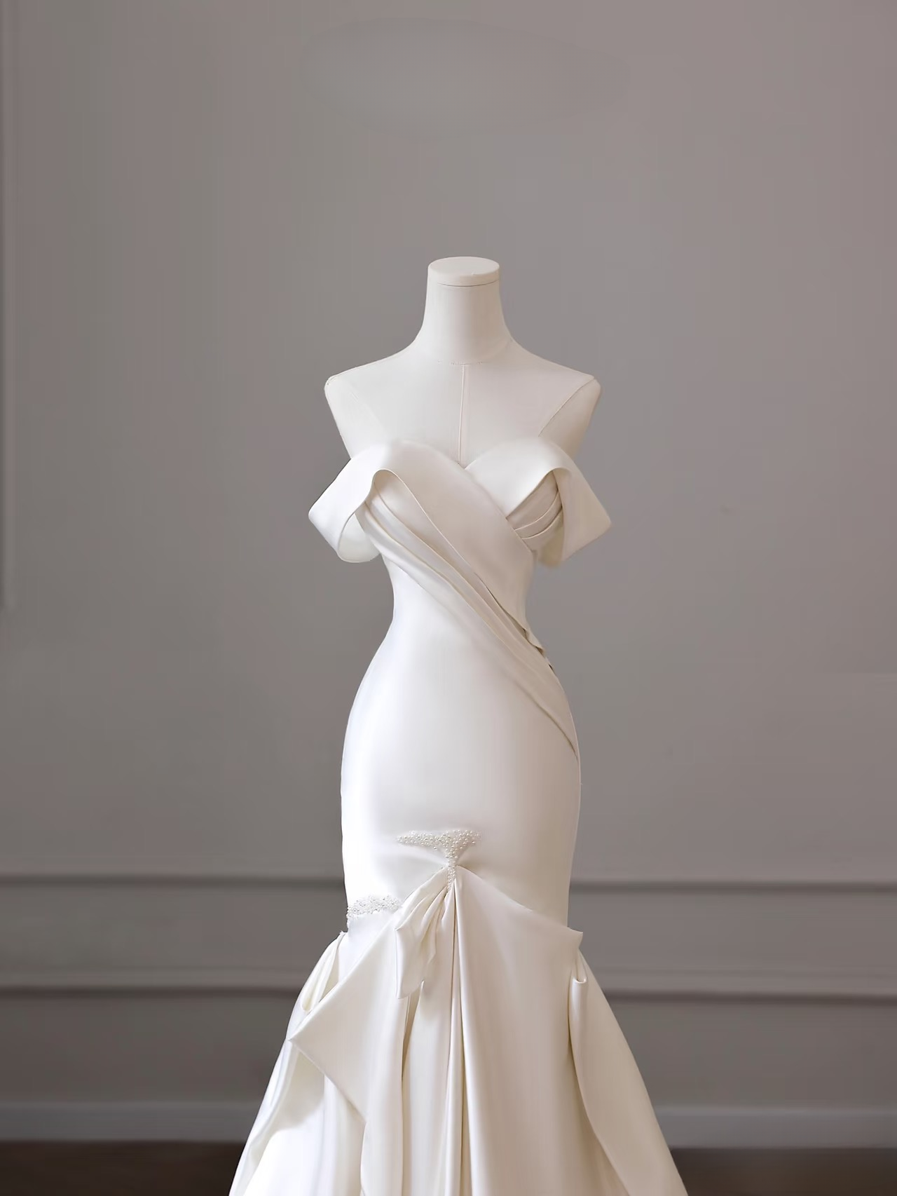 Robe de mariée sirène classique à épaules dénudées en satin blanc, manches courtes, longue, robes de mariée formelles féeriques AU087
