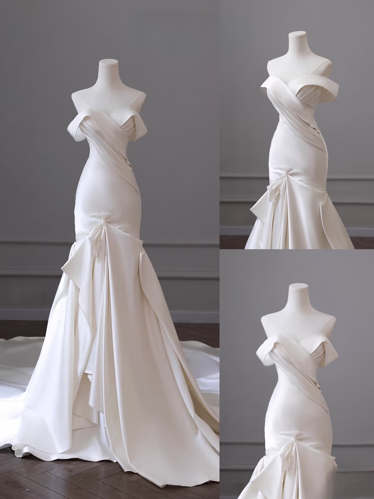 Robe de mariée sirène classique à épaules dénudées en satin blanc, manches courtes, longue, robes de mariée formelles féeriques AU087