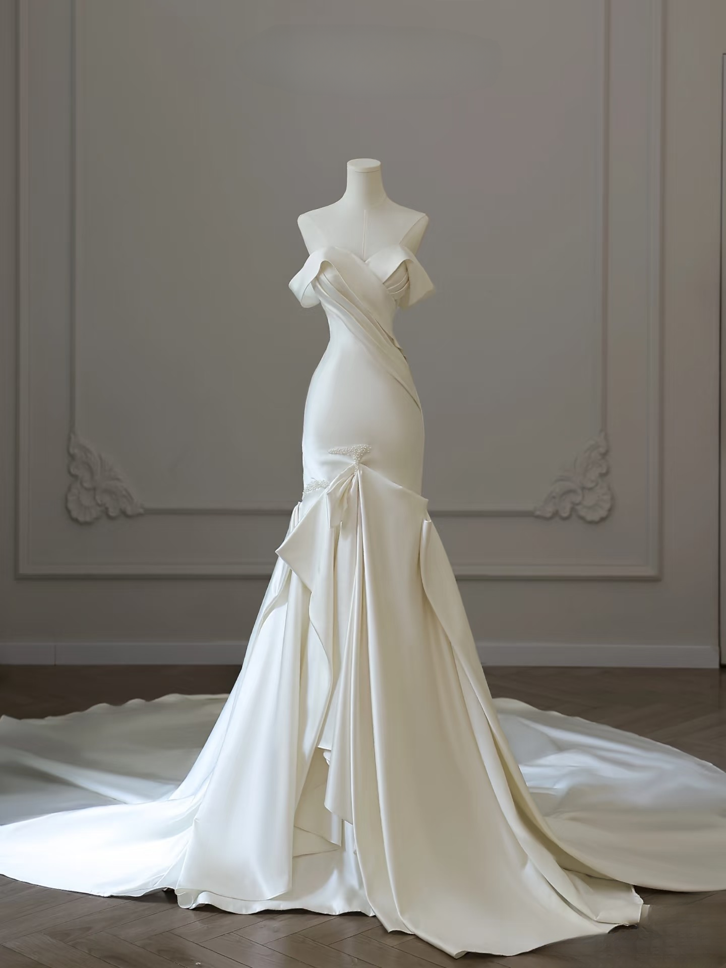 Robe de mariée sirène classique à épaules dénudées en satin blanc, manches courtes, longue, robes de mariée formelles féeriques AU087