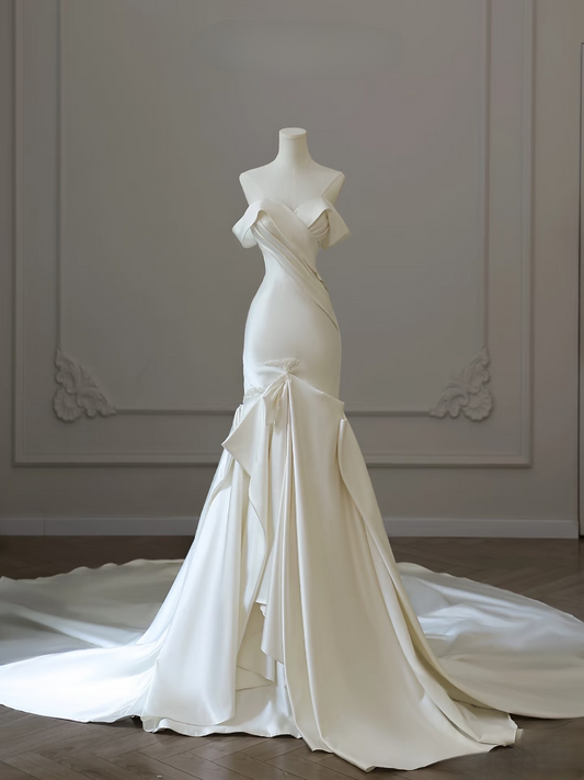 Classic Mermaid Off The Shoulder White Satin Short Sleeves Long Wedding Dress Fairy Formal Wedding Dresses AU087