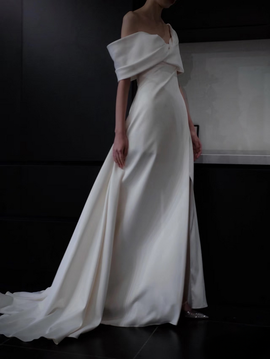Dreamy A line Off The Shoulder Satin White Short Sleeves Wedding Dress Fairy Formal Wedding Dresses AU088