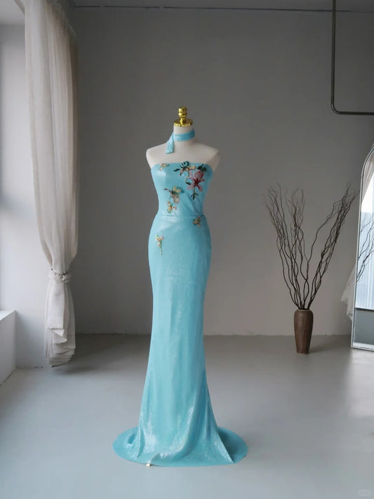 Charming Mermaid Strapless Blue Sequins Sleeveless Long Prom Dresses Appliqued Prom Gowns AU088