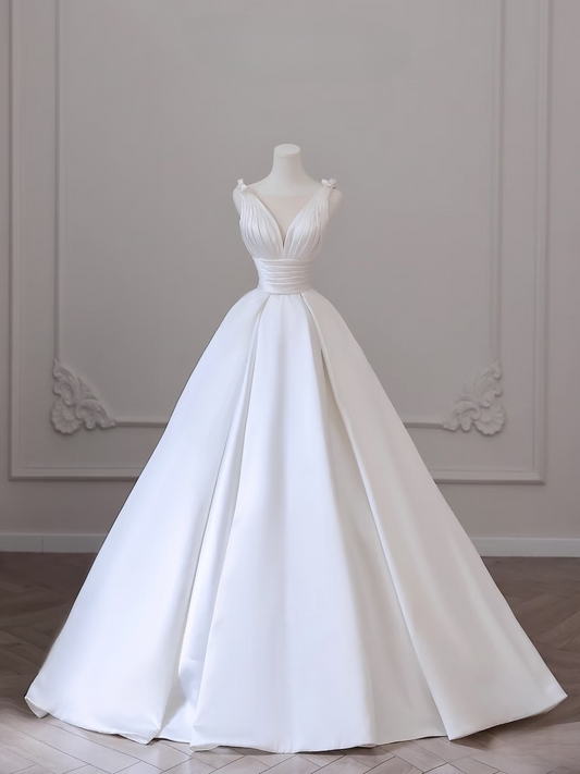 Simple Ball Gown V Neck Satin Pleated White Long Wedding Dress Fairy Formal Wedding Dresses AU089