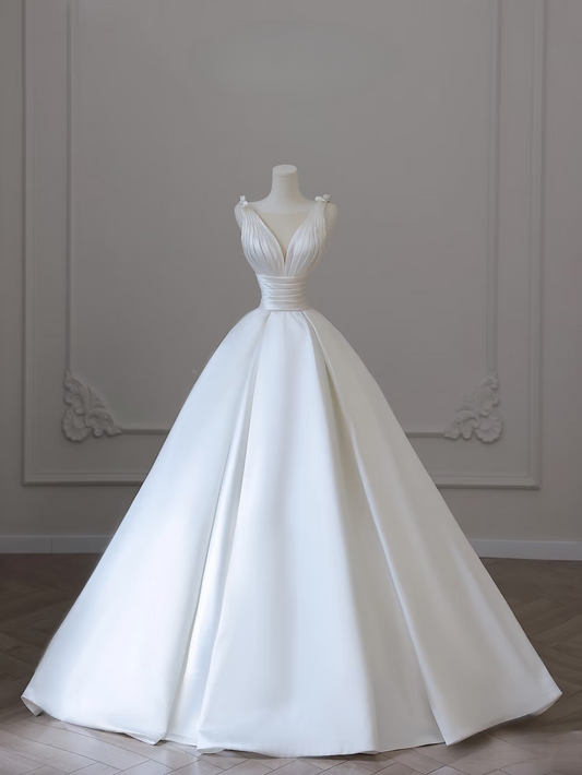 Simple Ball Gown V Neck Satin Pleated White Long Wedding Dress Fairy Formal Wedding Dresses AU089