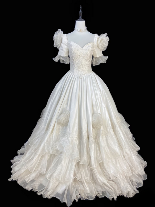 Vintage Ball Gown Sweetheart Multi Layers White Fitted Corset Long Wedding Dress Bride Gowns Wedding Dresses With Sleeves AU089