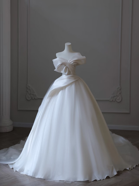 Dreamy Ball Gown Off The Shoulder Satin White Short Sleeves Wedding Dress Fairy Formal Wedding Dresses AU090