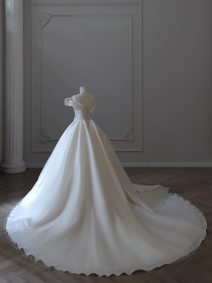 Dreamy Ball Gown Off The Shoulder Satin White Short Sleeves Wedding Dress Fairy Formal Wedding Dresses AU090