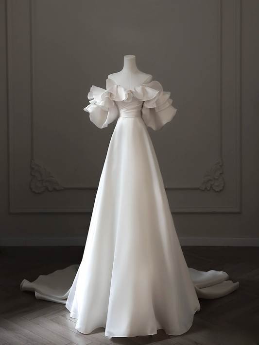 Dreamy A Line Off The Shoulder Satin White Short Sleeves Wedding Dress Fairy Formal Wedding Dresses AU091