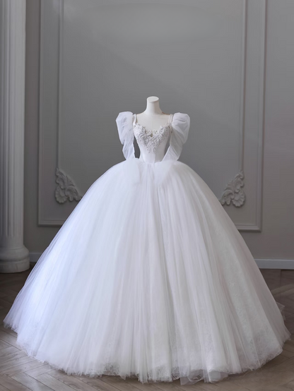 Robe de mariée longue blanche en tulle et dentelle, robe de bal classique, décolleté en cœur, tenue de soirée féerique, AU092