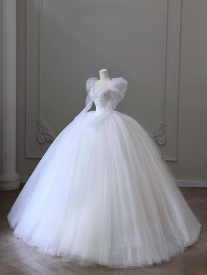 Robe de mariée longue blanche en tulle et dentelle, robe de bal classique, décolleté en cœur, tenue de soirée féerique, AU092