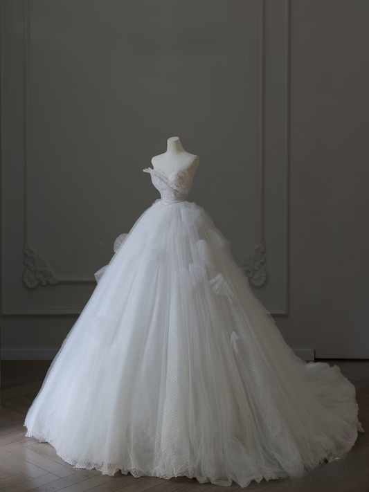 Classic Ball Gown Sweetheart Tulle Sequin White Long Wedding Dress Fairy Formal Wedding Dresses AU093