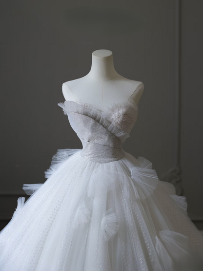 Classic Ball Gown Sweetheart Tulle Sequin White Long Wedding Dress Fairy Formal Wedding Dresses AU093
