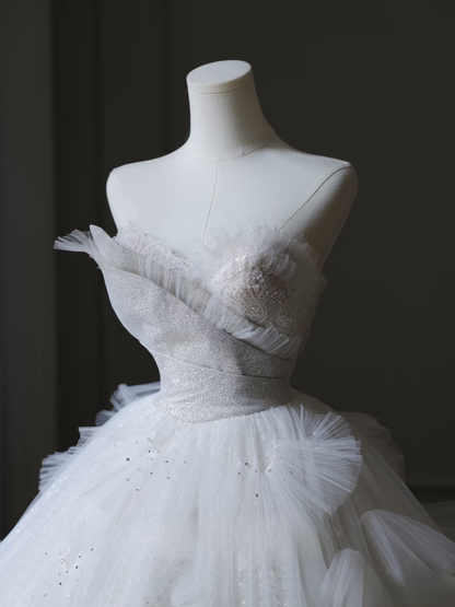 Classic Ball Gown Sweetheart Tulle Sequin White Long Wedding Dress Fairy Formal Wedding Dresses AU093