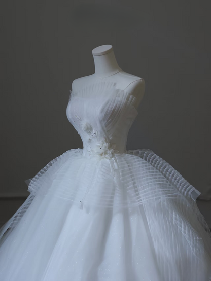 Classic Ball Gown Strapless Tulle White Long Wedding Dress Fairy Formal Wedding Dresses Brides Gowns AU096