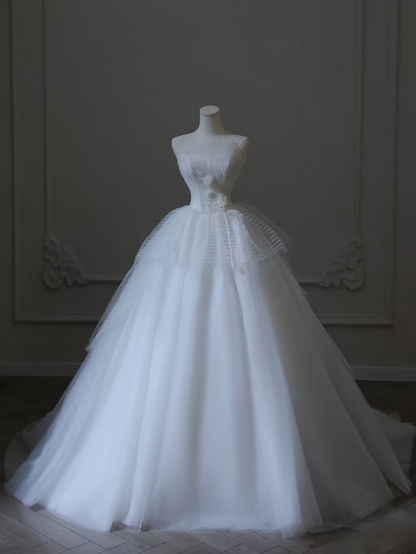 Classic Ball Gown Strapless Tulle White Long Wedding Dress Fairy Formal Wedding Dresses Brides Gowns AU096