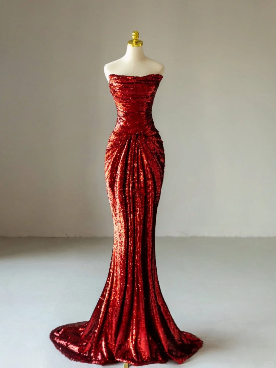 Glitter Mermaid Strapless Burgundy Sequined With Ruffled Prom Dresses Long Evening Party Formal Outfits RB6584