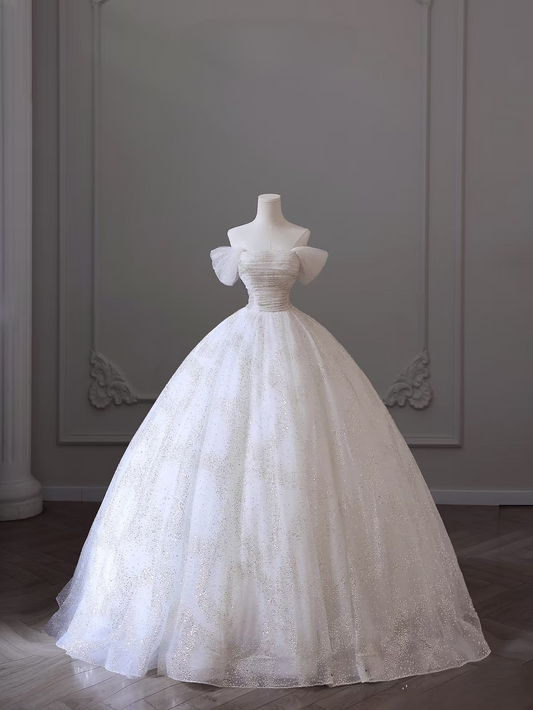 Modest Ball Gown Off The Shoulder Tulle White Long Wedding Dress Fairy Formal Wedding Dresses Brides Gowns AU097