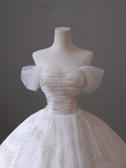 Modest Ball Gown Off The Shoulder Tulle White Long Wedding Dress Fairy Formal Wedding Dresses Brides Gowns AU097