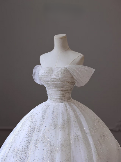 Modest Ball Gown Off The Shoulder Tulle White Long Wedding Dress Fairy Formal Wedding Dresses Brides Gowns AU097