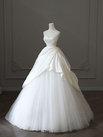 Robe de mariée longue blanche en satin et tulle, élégante robe de bal, décolleté en cœur, tenue de soirée féerique, AU098
