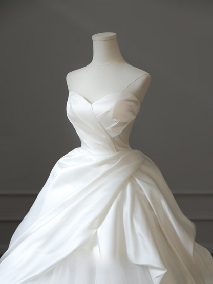 Robe de mariée longue blanche en satin et tulle, élégante robe de bal, décolleté en cœur, tenue de soirée féerique, AU098