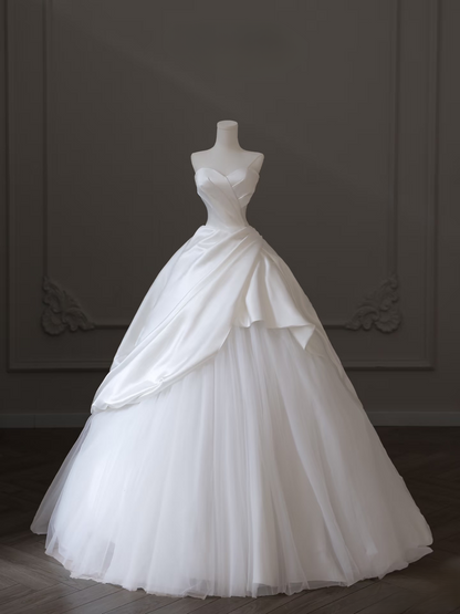 Robe de mariée longue blanche en satin et tulle, élégante robe de bal, décolleté en cœur, tenue de soirée féerique, AU098