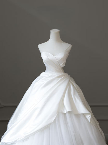Robe de mariée longue blanche en satin et tulle, élégante robe de bal, décolleté en cœur, tenue de soirée féerique, AU098