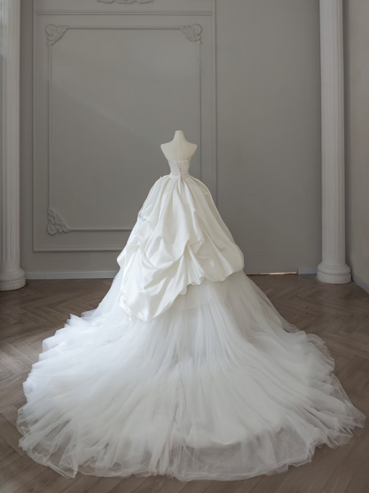 Robe de mariée longue blanche en satin et tulle, élégante robe de bal, décolleté en cœur, tenue de soirée féerique, AU098