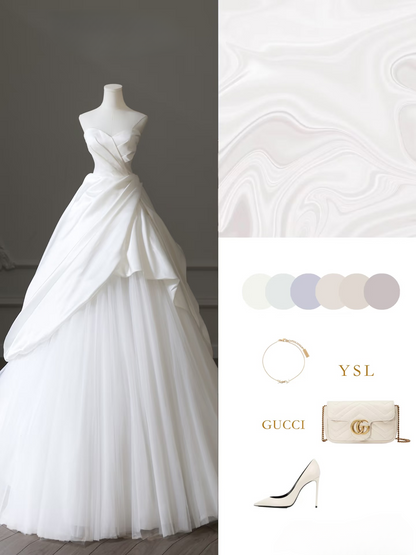 Robe de mariée longue blanche en satin et tulle, élégante robe de bal, décolleté en cœur, tenue de soirée féerique, AU098