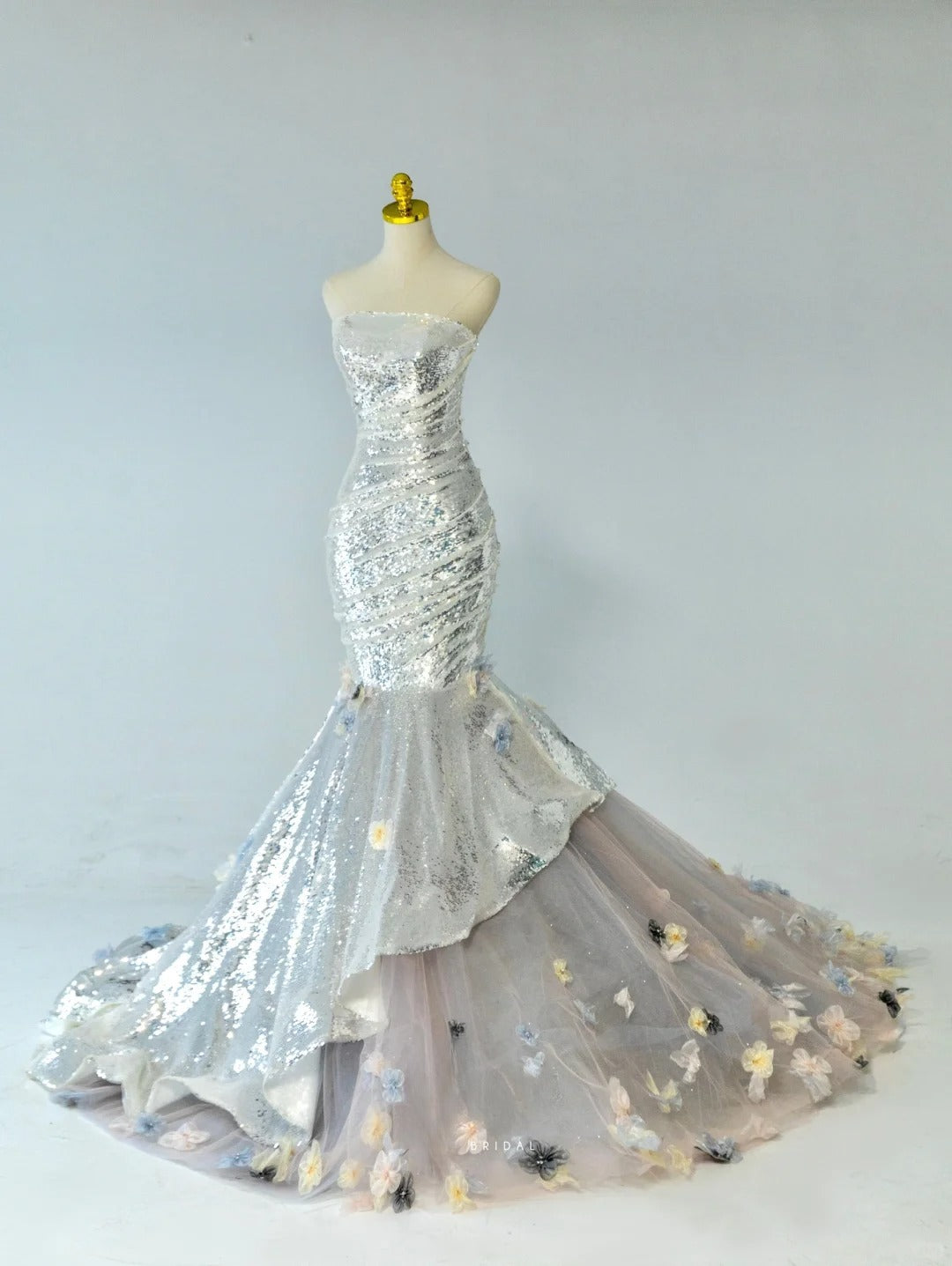 Glitter Mermaid Strapless Silver Gray Sequined With Flowers Prom Dresses Long Evening Party Formal Outfits RB6586