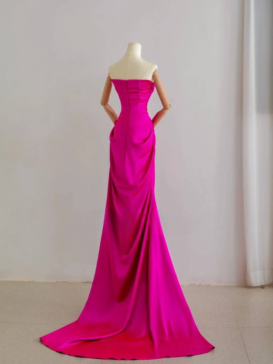 Classy Mermaid Strapless Hot Pink Satin Split Pleated Prom Dresses Formal Dress Birthday Outfits Prom Gown AU098