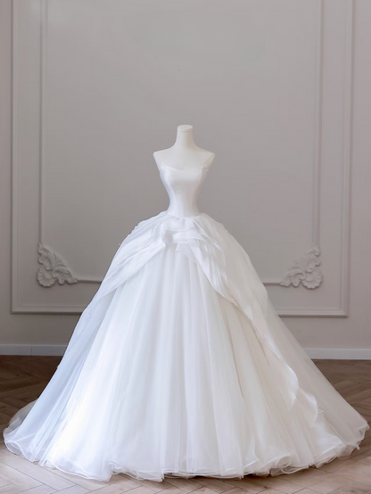 Elegantes Ballkleid Trägerloses Satin Tüll Weiß Langes Brautkleid Fee Formale Brautkleider Brautkleid AU099