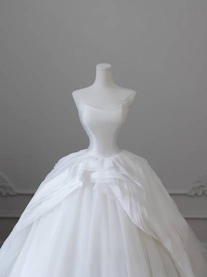 Elegantes Ballkleid Trägerloses Satin Tüll Weiß Langes Brautkleid Fee Formale Brautkleider Brautkleid AU099