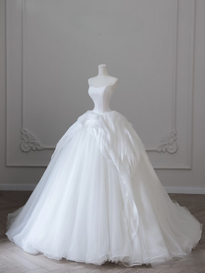 Elegantes Ballkleid Trägerloses Satin Tüll Weiß Langes Brautkleid Fee Formale Brautkleider Brautkleid AU099